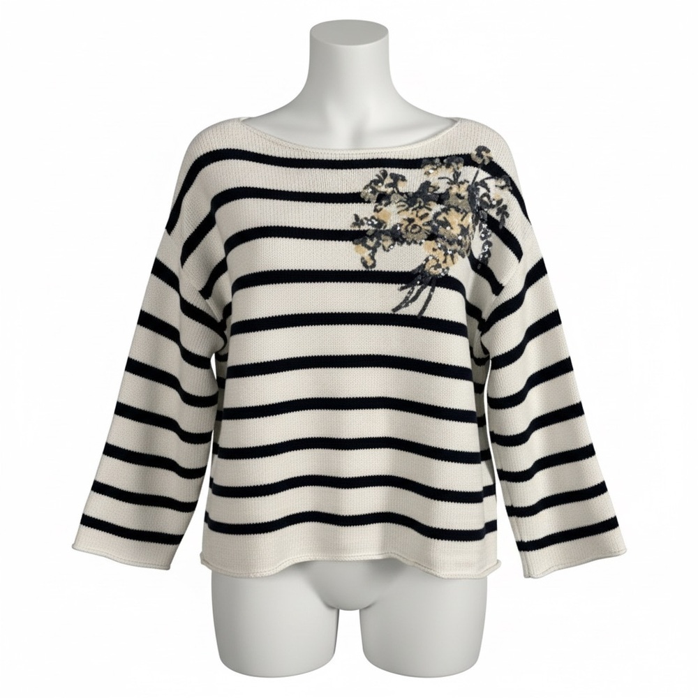 Demylee Striped Oversized Sweater with Floral Sequin Design Size S Parisian - Picture 2 of 13
